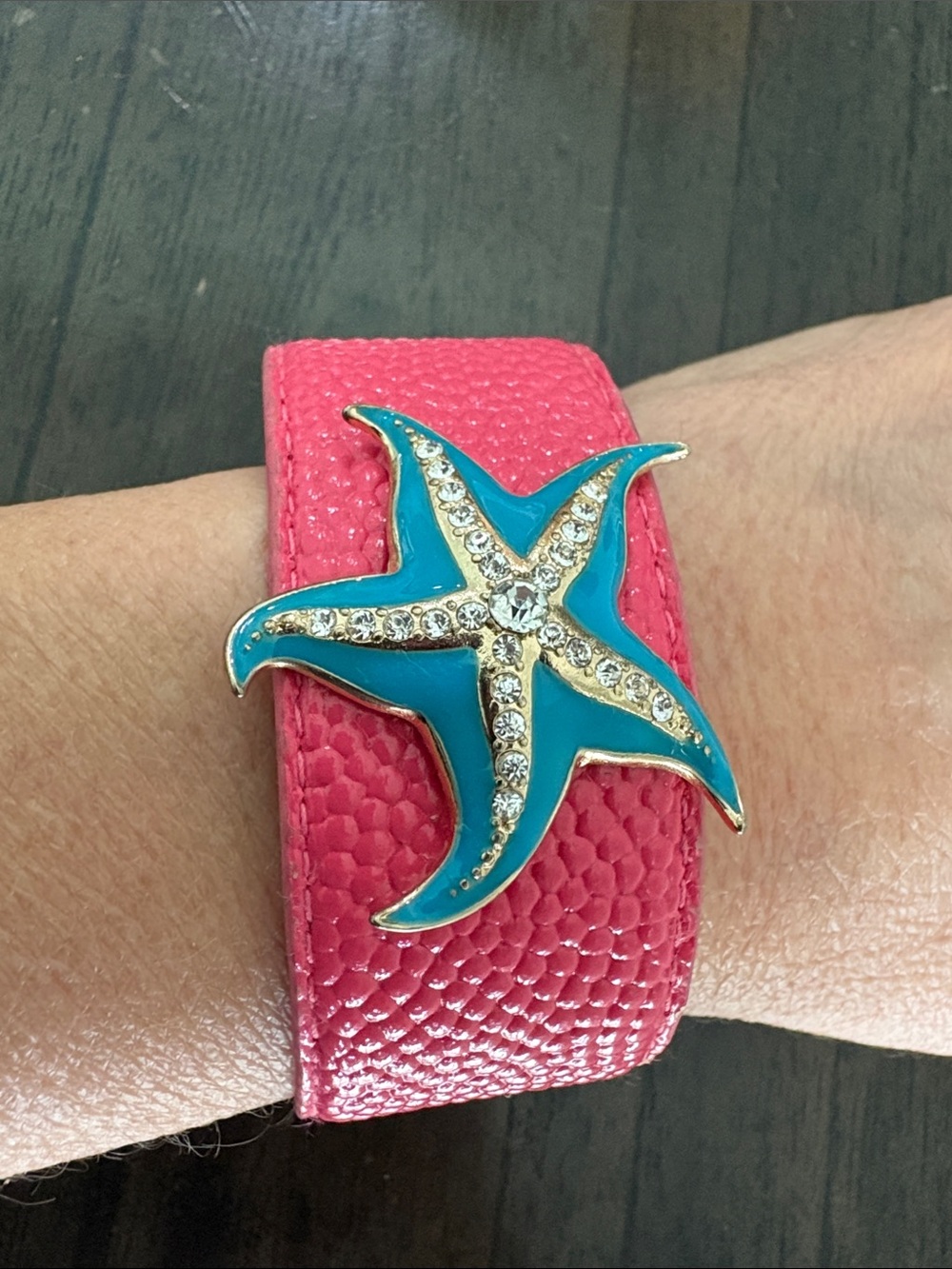 Pink Textured Cuff Bracelet with Turquoise Enamel Starfish Accent